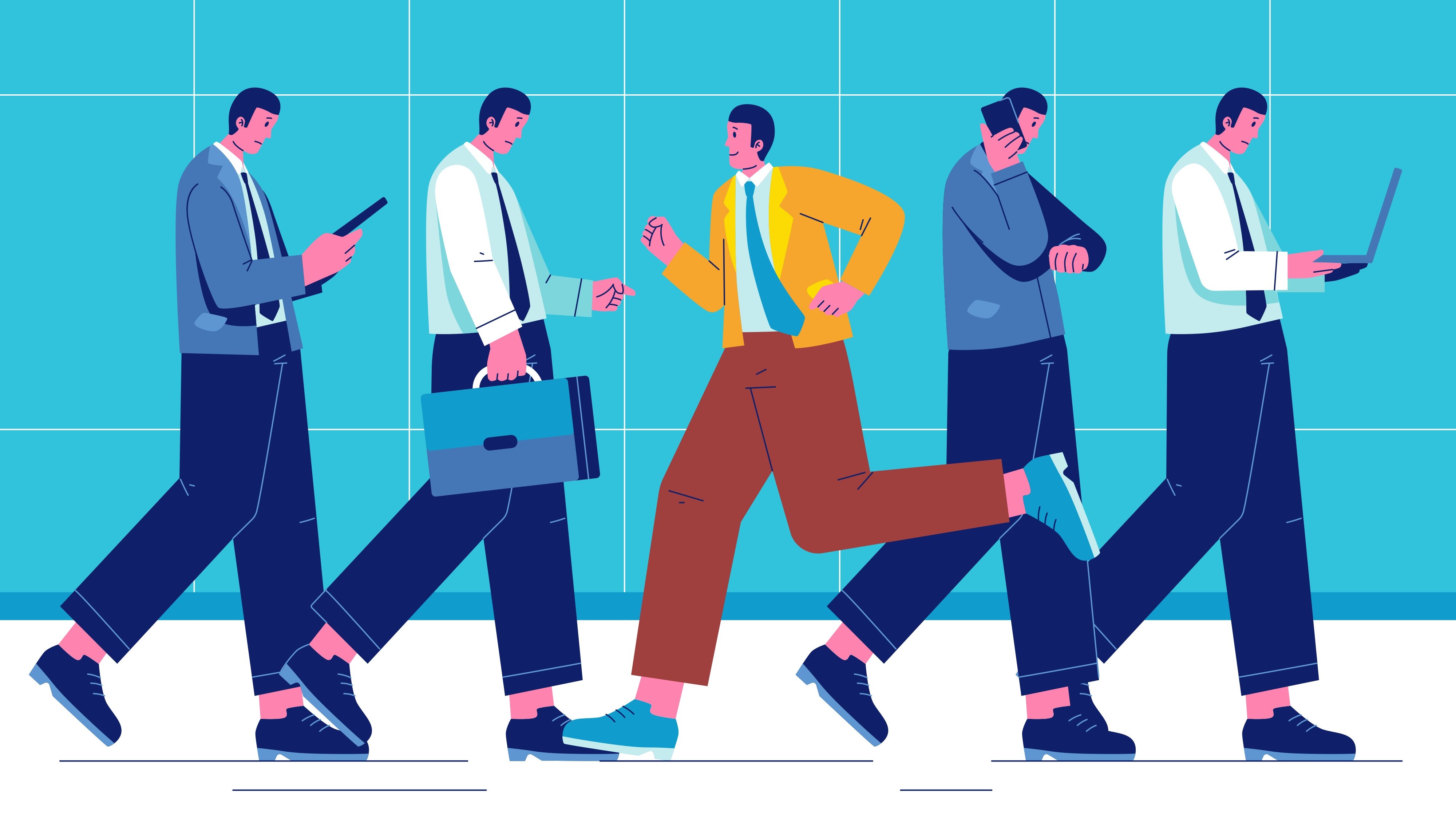 Symbolic image for cooperation and individuality: three men walking in the same direction, one individual choosing a different path – representing associated centers with different orientations.